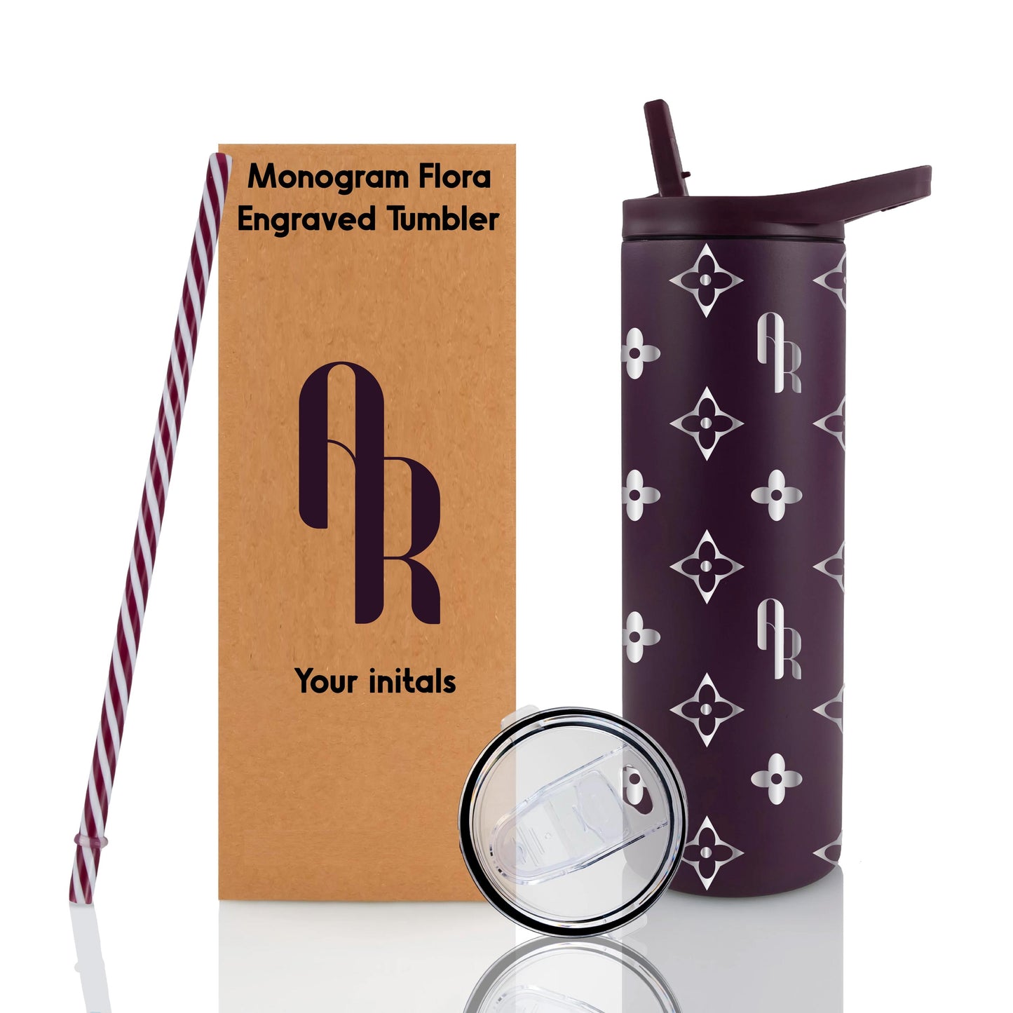 Monogram Pattern Engraved Tumbler: Personalized 20 ounce Stainless Steel Cup