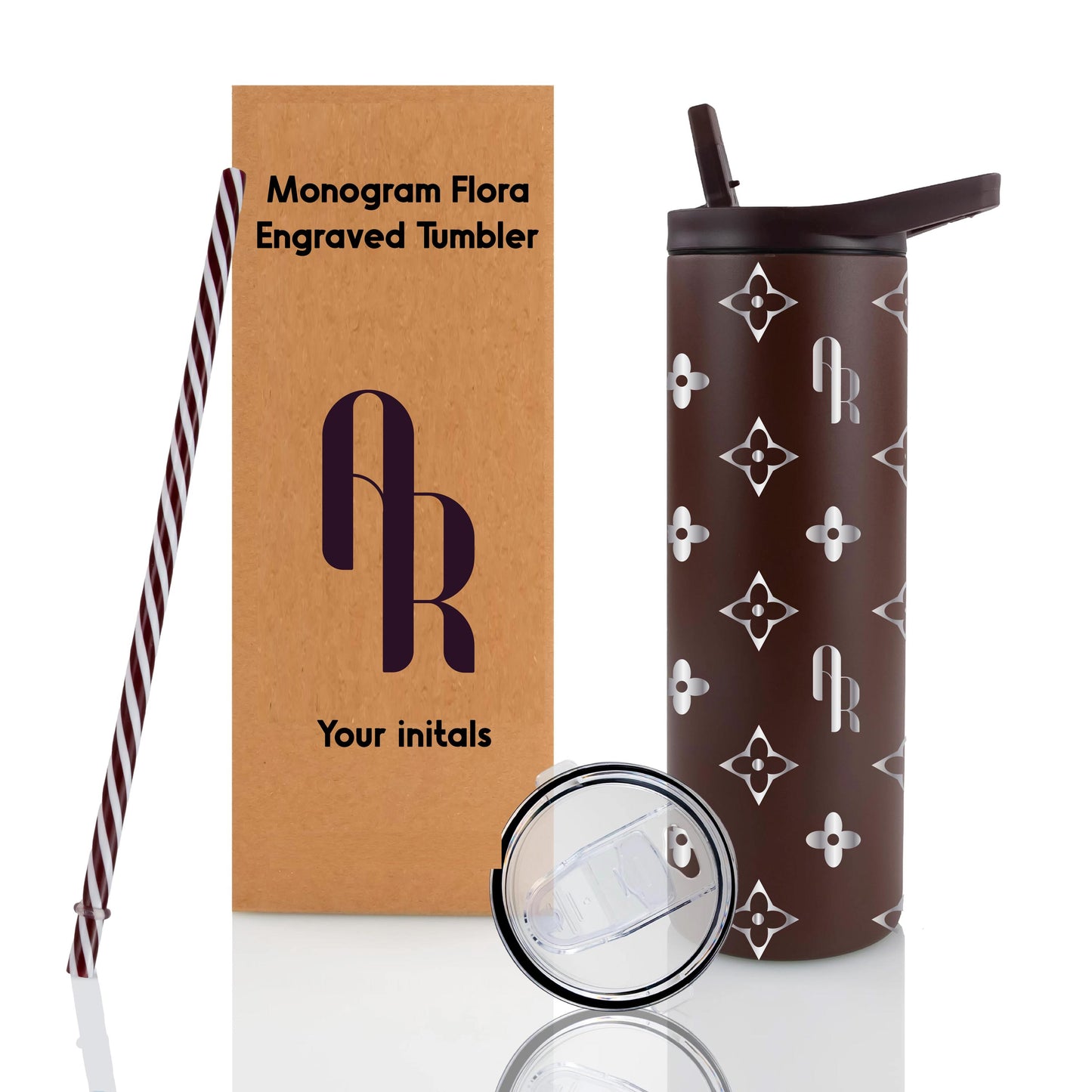Monogram Pattern Engraved Tumbler: Personalized 20 ounce Stainless Steel Cup