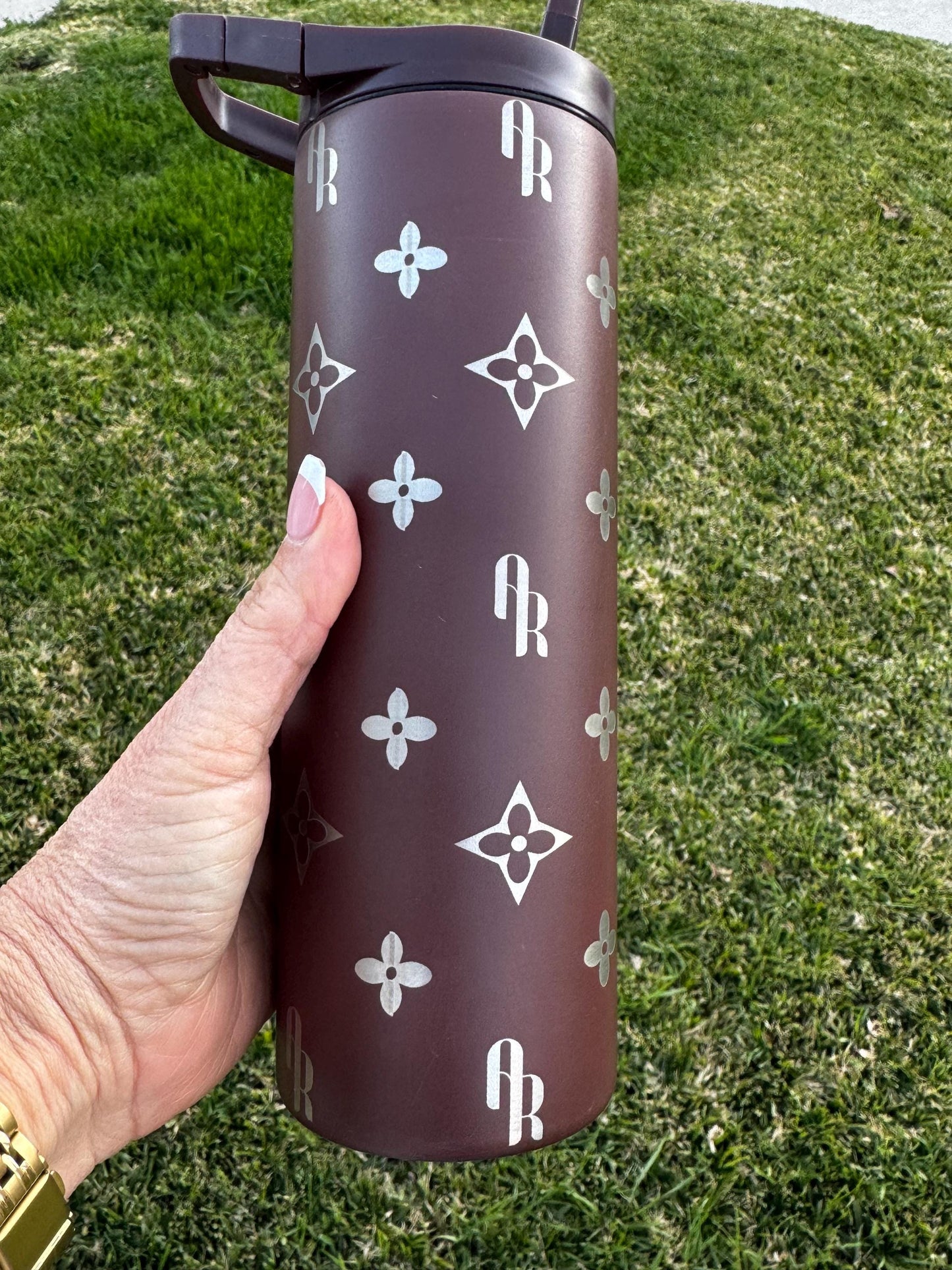 Monogram Pattern Engraved Tumbler: Personalized 20 ounce Stainless Steel Cup