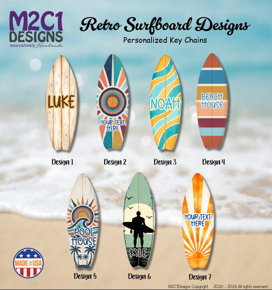 Personalized Retro Surfboard Keychain | Custom Name Vintage  Key Ring | Double Sided Glossy USA Made