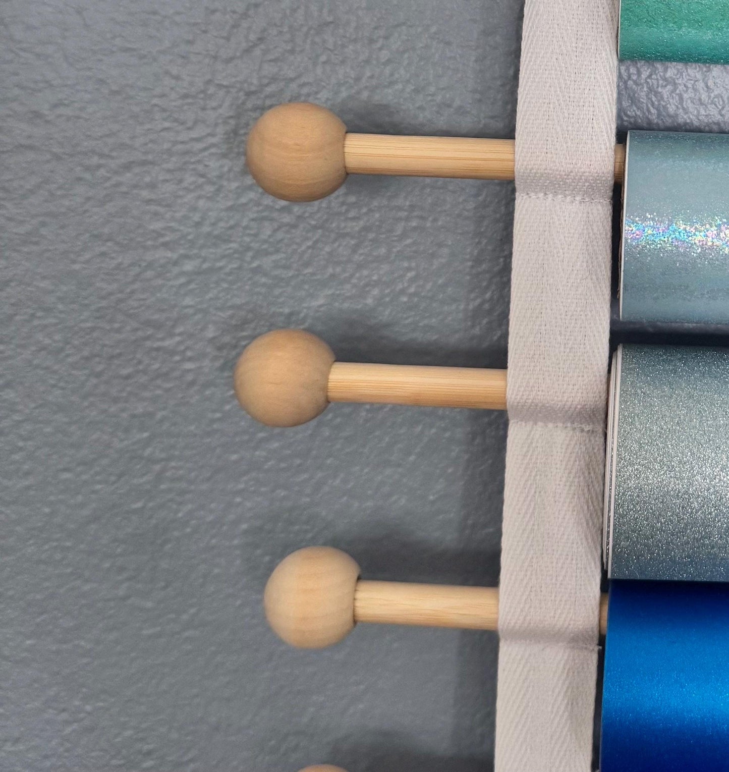 Vinyl Roll Holder, 25 Rolls, Craft Roll Storage and Organizer, Cotton Straps and Wood Dowels, with Door Hanging Hooks