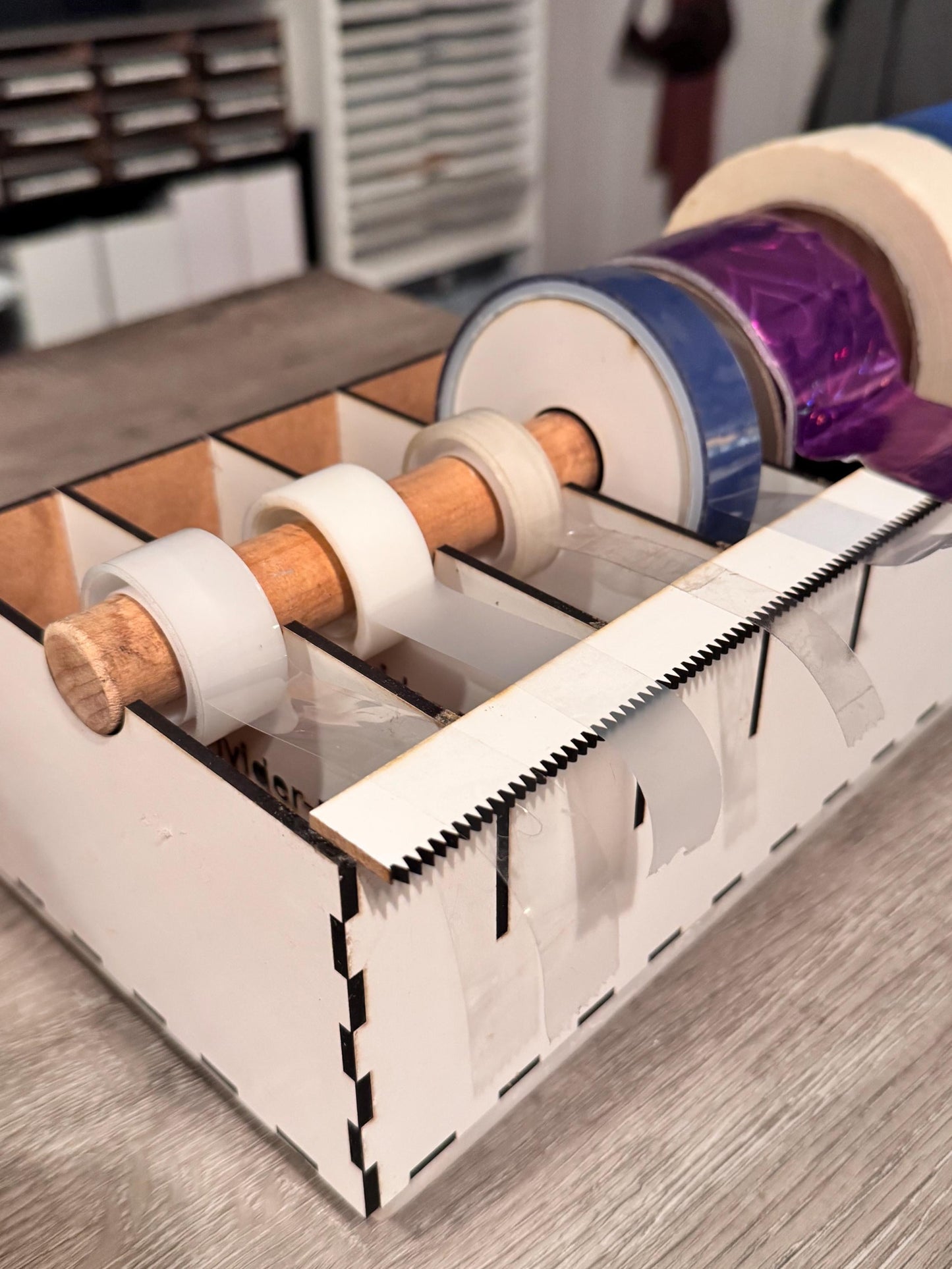 Multi Roll Tape Dispenser | Wooden Washi Tape Holder with Cutter | Laser Cut Craft Tape Organizer | Gift Wrap & Scrapbook Storage