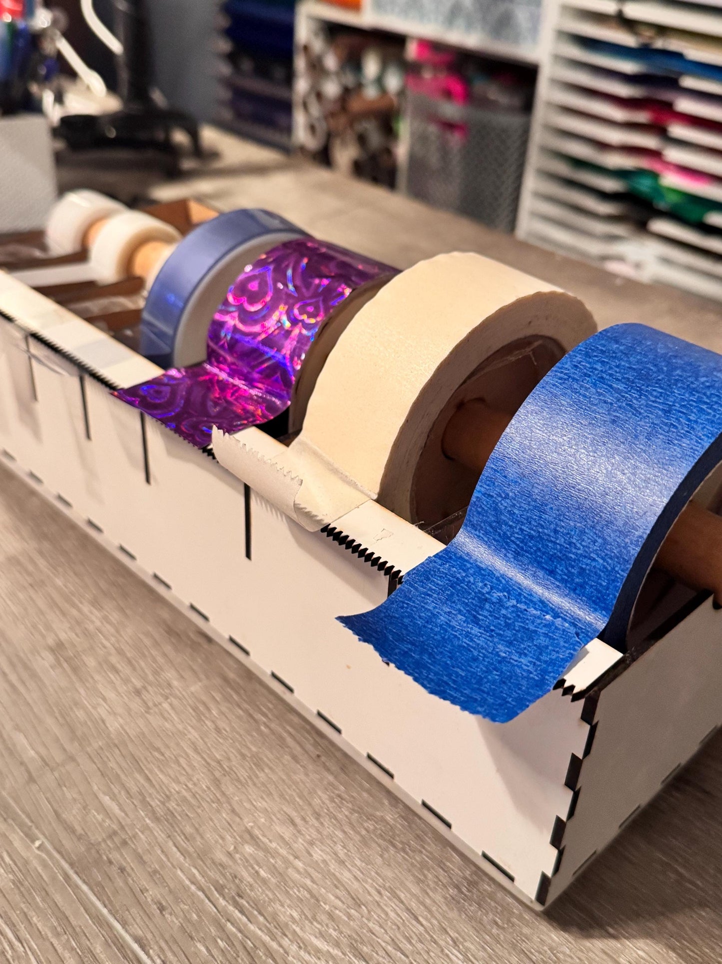 Multi Roll Tape Dispenser | Wooden Washi Tape Holder with Cutter | Laser Cut Craft Tape Organizer | Gift Wrap & Scrapbook Storage
