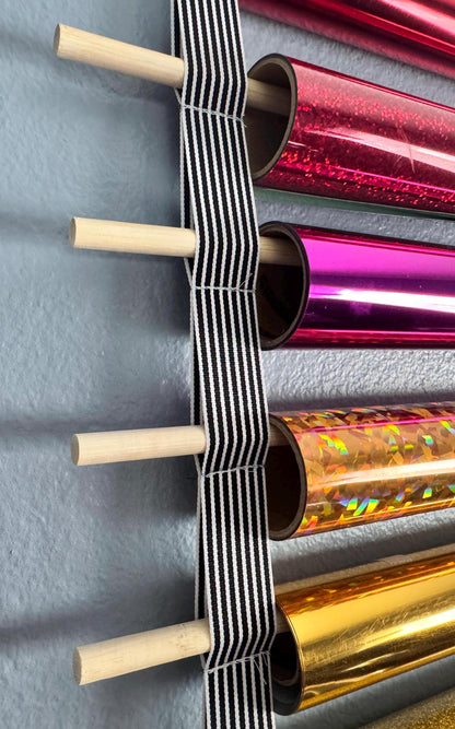 Vinyl Roll Holder, 25 Rolls, Craft Roll Storage and Organizer, Cotton Straps and Wood Dowels, with Door Hanging Hooks