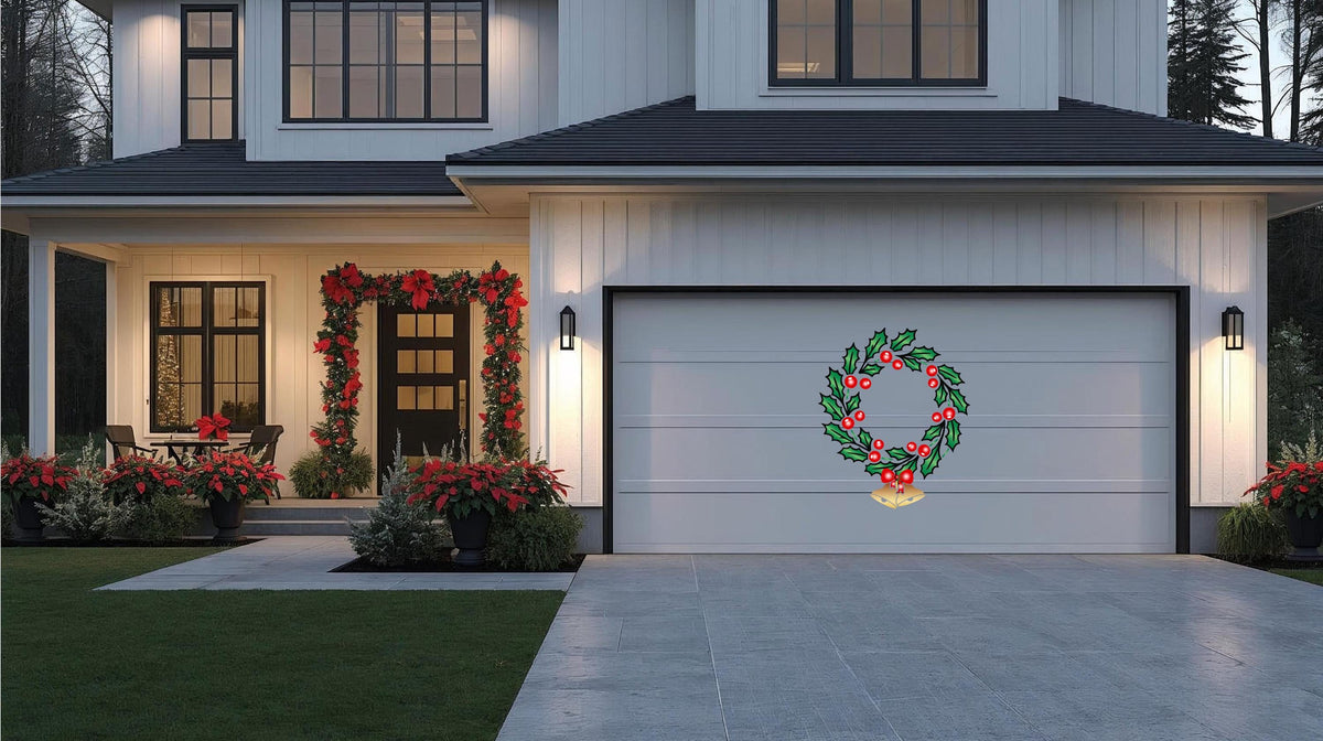 Large Holly Wreath Christmas Magnet, Garage Door Holiday Decor with Bells