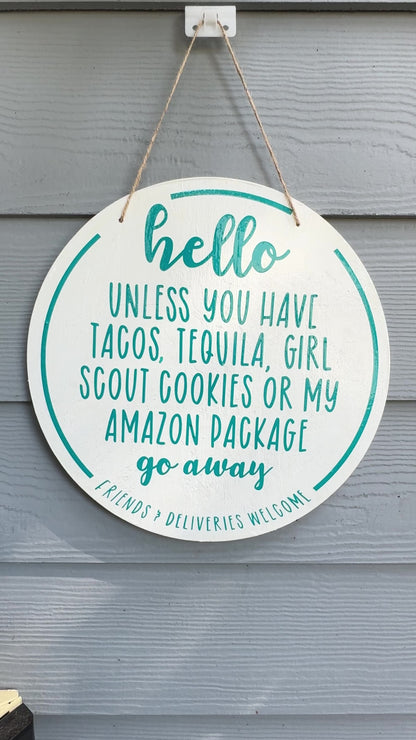 Humorous 12" No Soliciting Wood Sign: Friends & Deliveries Welcome